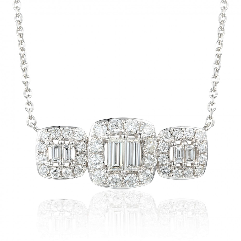 Baguette and Round Diamond Halo Necklace