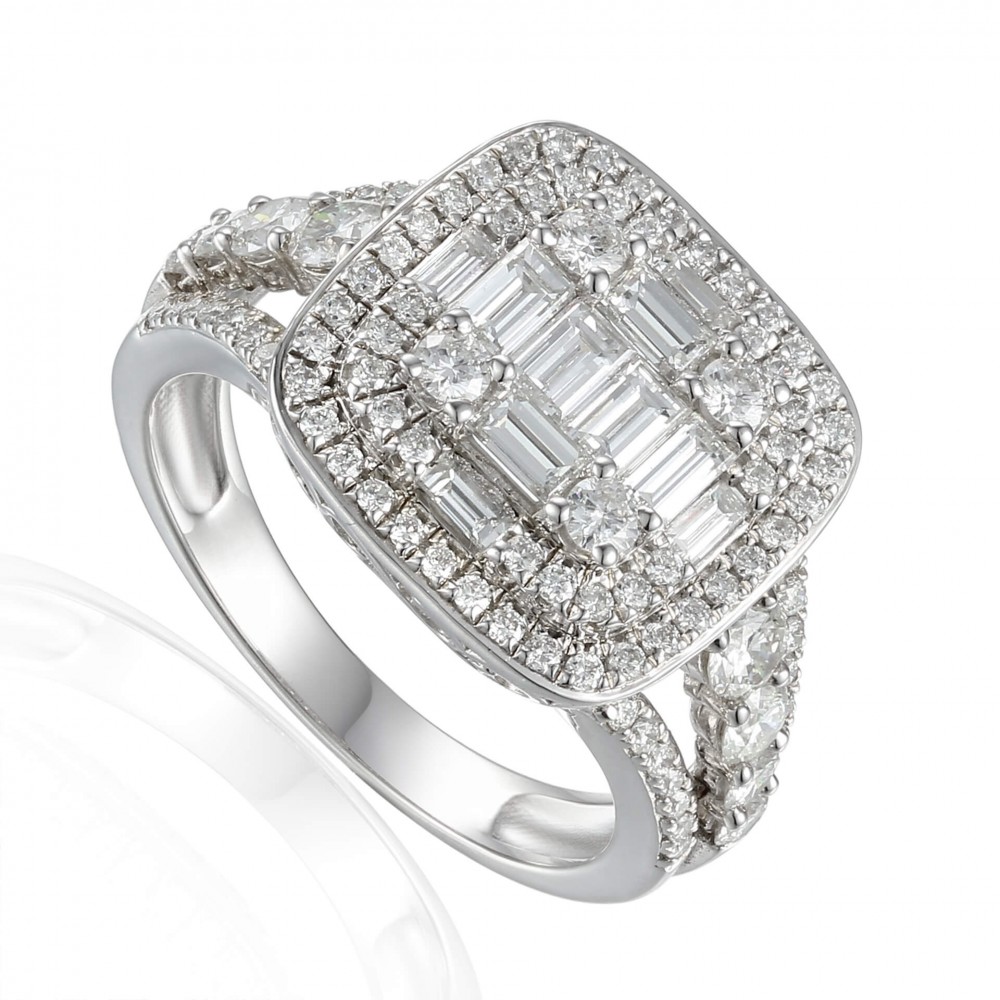 Baguette and Round Diamond Halo Ring